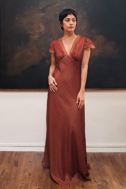 Audrey Long Dress in Polka Dot Copper