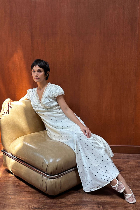 Audrey Long Dress in Polka Dot White