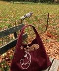 Maroon handbag with a shoe on top, placed on a wooden bench in a park with fallen leaves and a pigeon in the background.