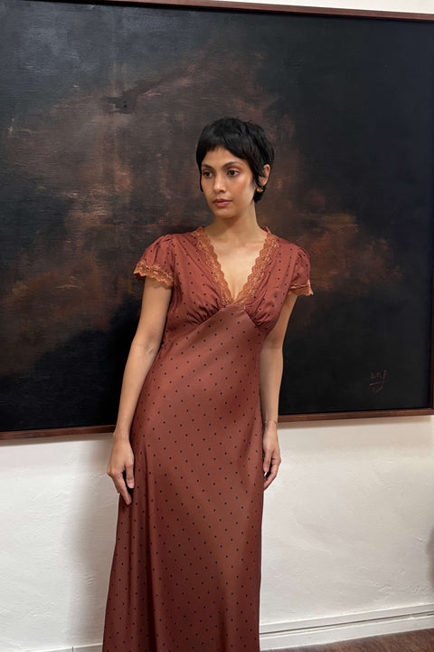 Audrey Long Dress in Polka Dot Copper
